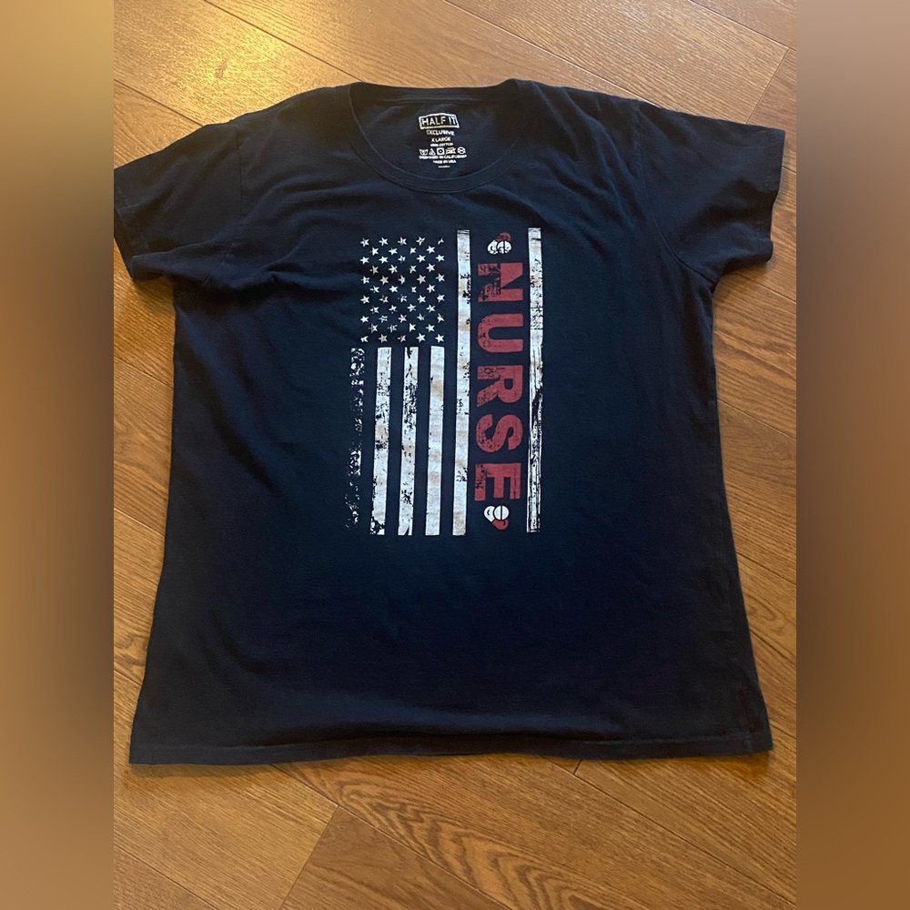 Half It NURSE Black Tee with Nurse American Flag Design size X-Large